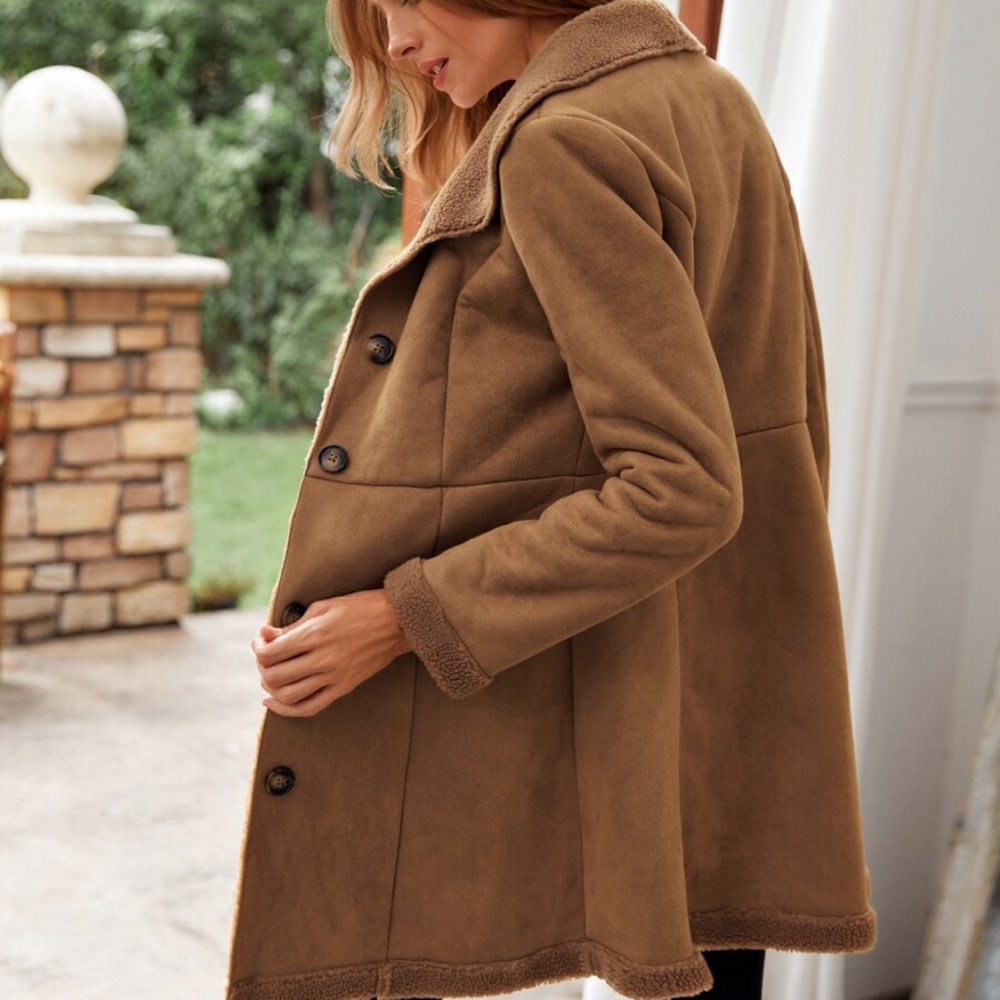 Camel Tan Sherpa Lined Vegan Suede Jacket Coat - Picture 8 of 8